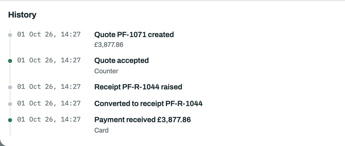 A job's history in PlanIt 360: quote PF-1071 created at £3,877.86, quote accepted at the counter, receipt PF-R-1044 raised, converted to the receipt, payment of £3,877.86 received by card.