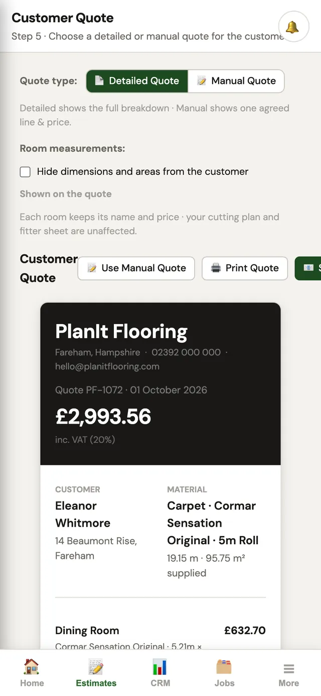 PlanIt on a phone: the customer quote, £2,993.56 including VAT, with the customer and material details.
