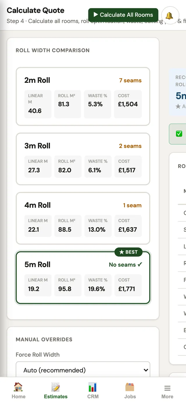PlanIt on a phone: the roll width comparison, with the 5m roll marked best and no seams.