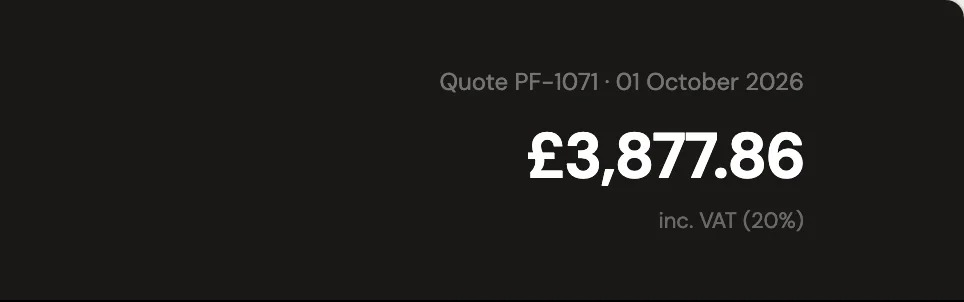 Quote PF-1071 in PlanIt Estimating, £3,877.86 including VAT.