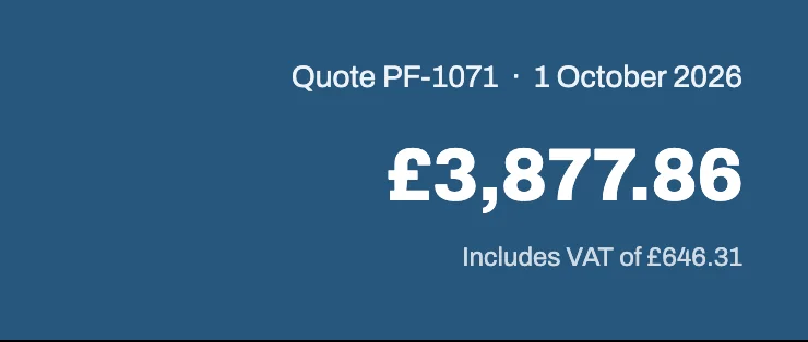 The same quote PF-1071 in the PlanIt 360 till, £3,877.86, including VAT of £646.31.