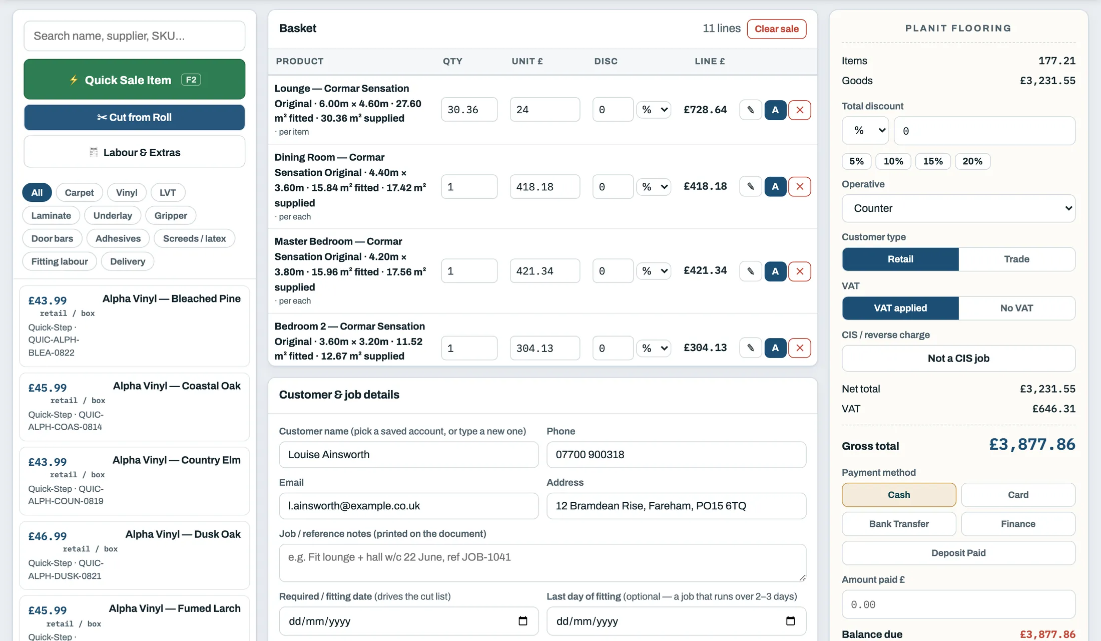 The PlanIt 360 till with a quote loaded: eleven carpet and vinyl lines in the basket, the customer's name, phone, email and address filled in, and a gross total of £3,877.86 with the payment buttons.